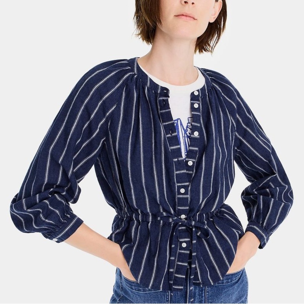 J. Crew Tie Waist Linen Blend Striped Gauze Top Blouse Women's 8 Navy Casual